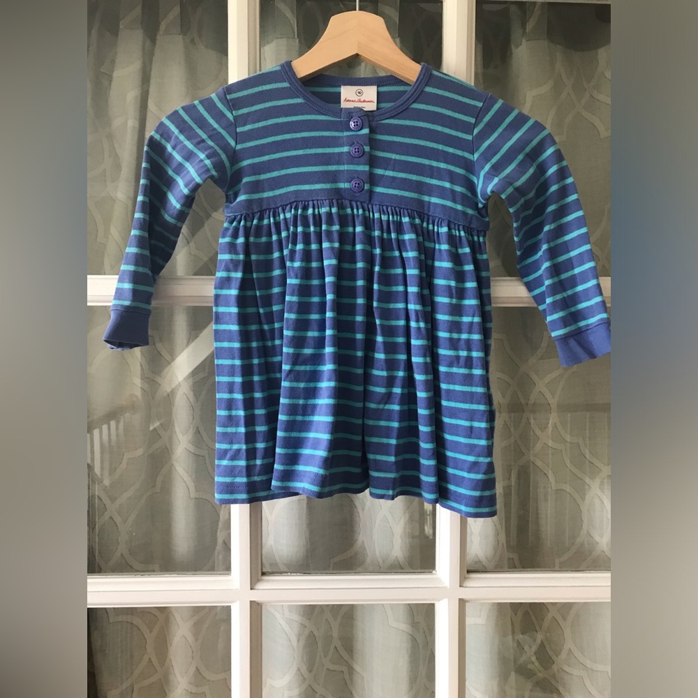 Hanna Andersson 100% cotton size 90 playdress, blue with blue stripes VGUC